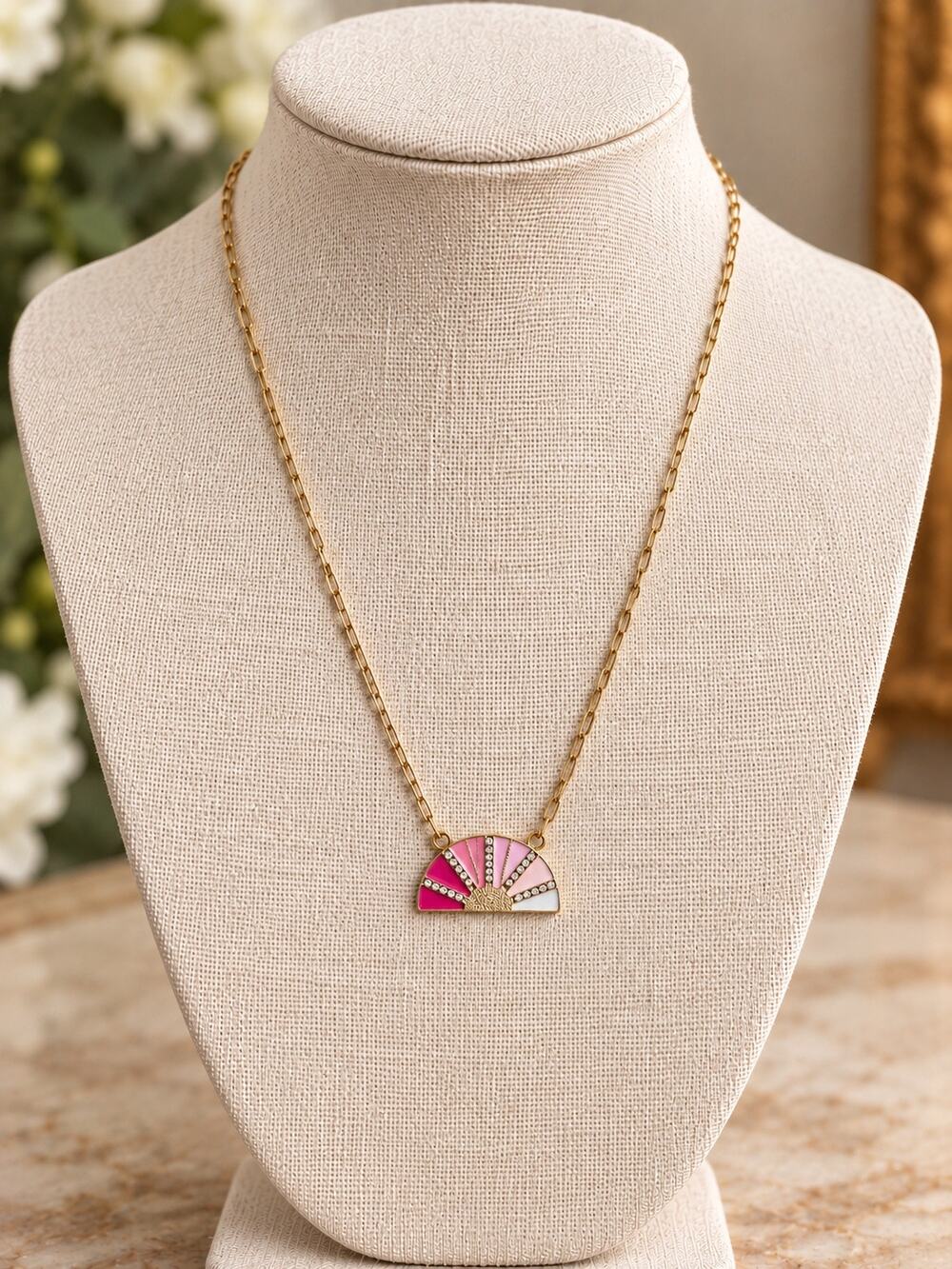 BP Silver Tone Necklace Fan Pink Pendant Chain Fashion Jewelry
